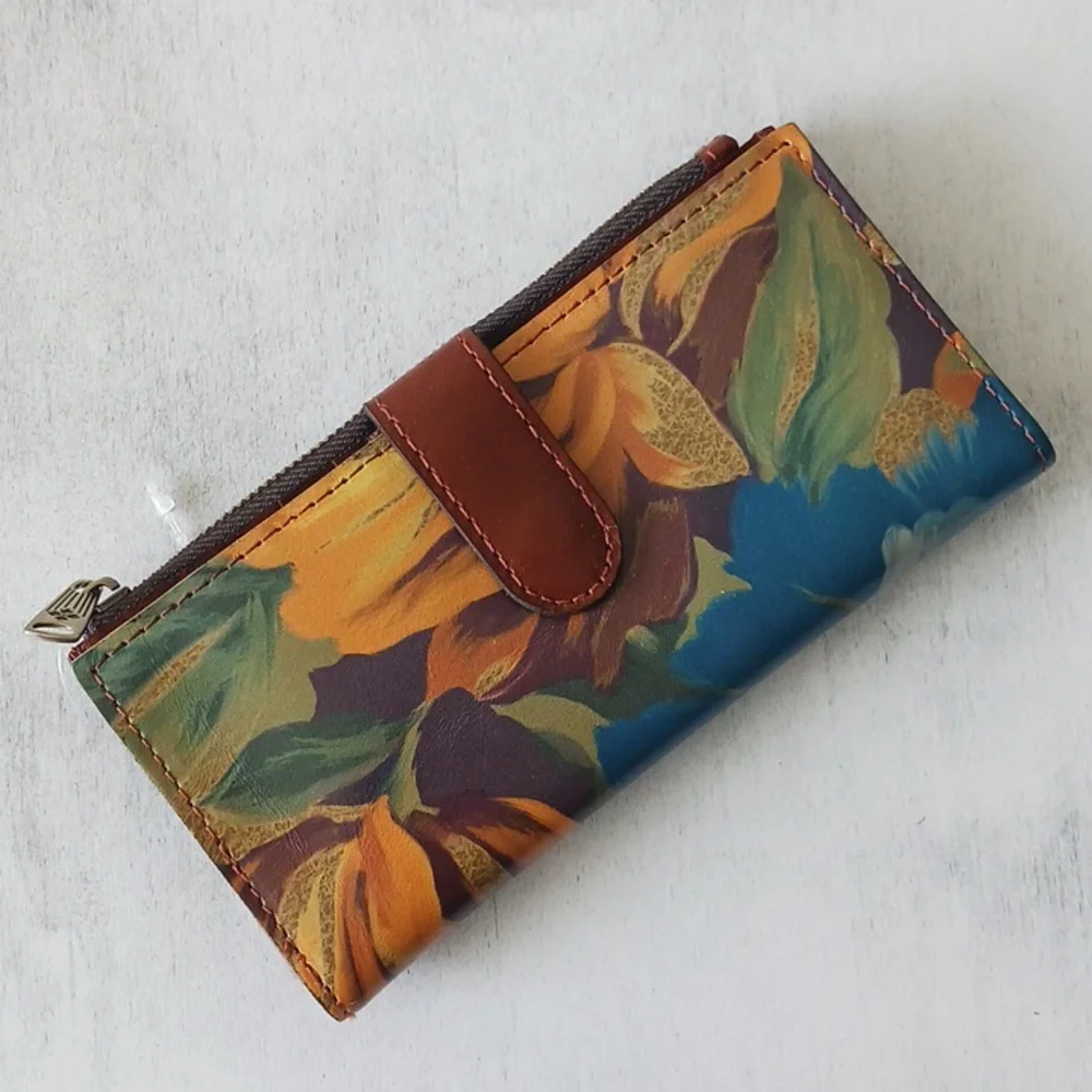 Patricia Nash NAZARI Leather Bifold Wallet Floral Marigold Harvest Blue Brown